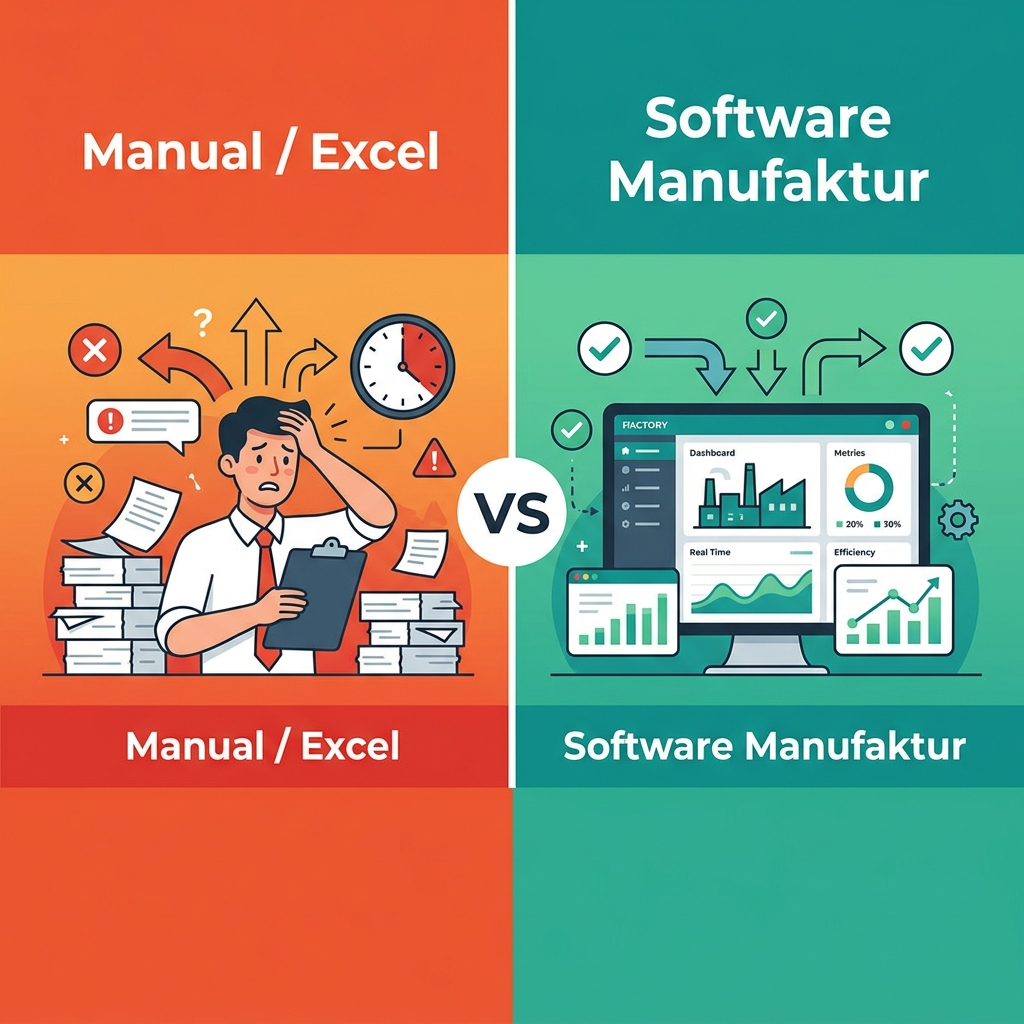 perbandingan proses manual Excel vs software manufaktur modern - efisiensi dan akurasi data produksi pabrik
